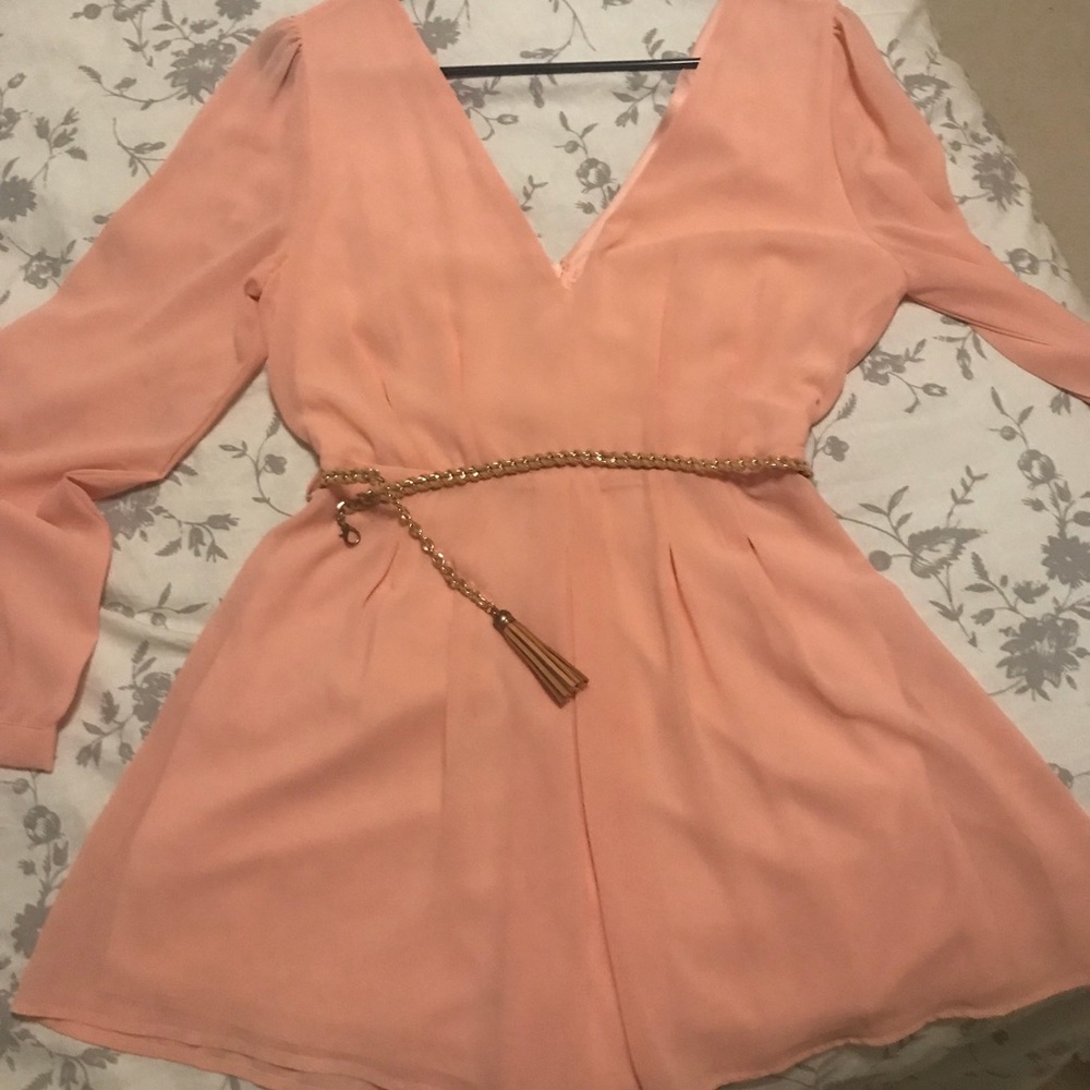Peachy pink long sleeve romper with belt